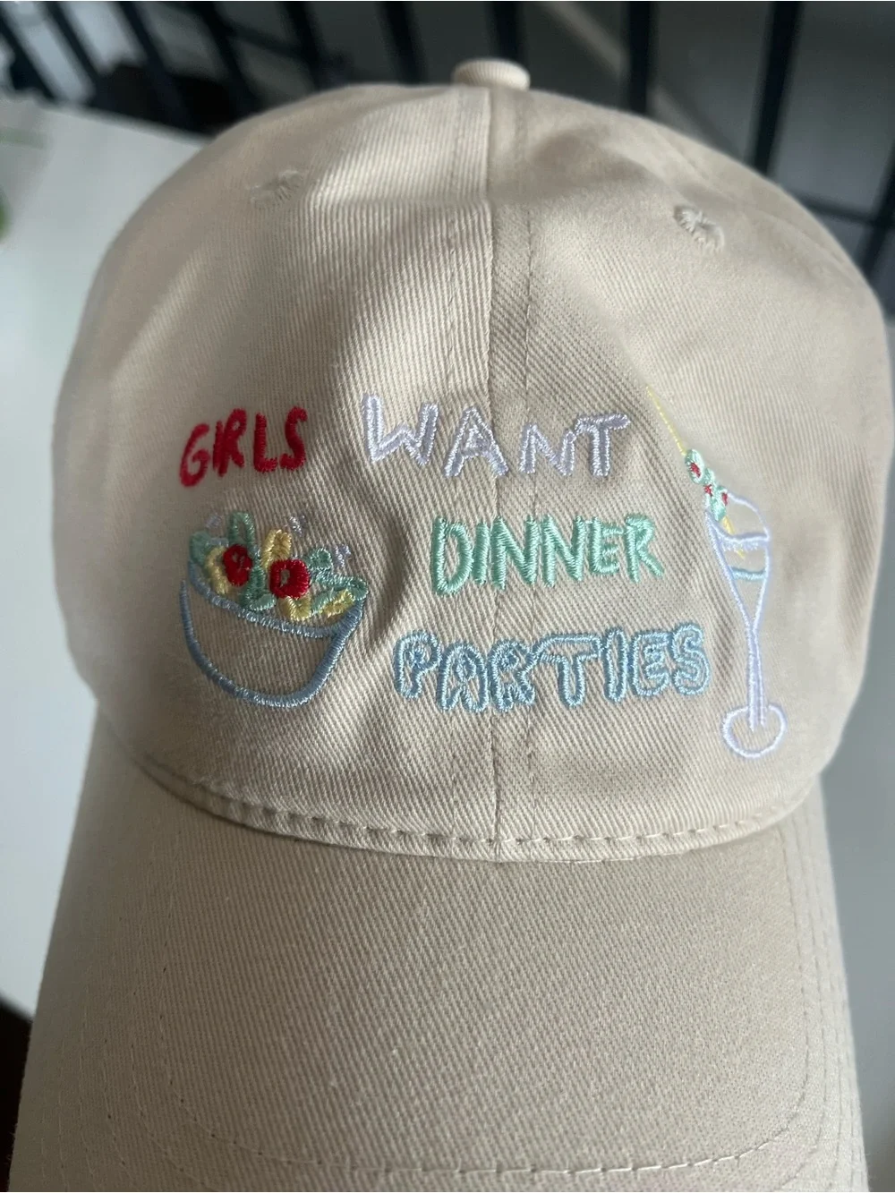 Anthropologie Cream Baseball Cap “Girls want Dinner Parties”